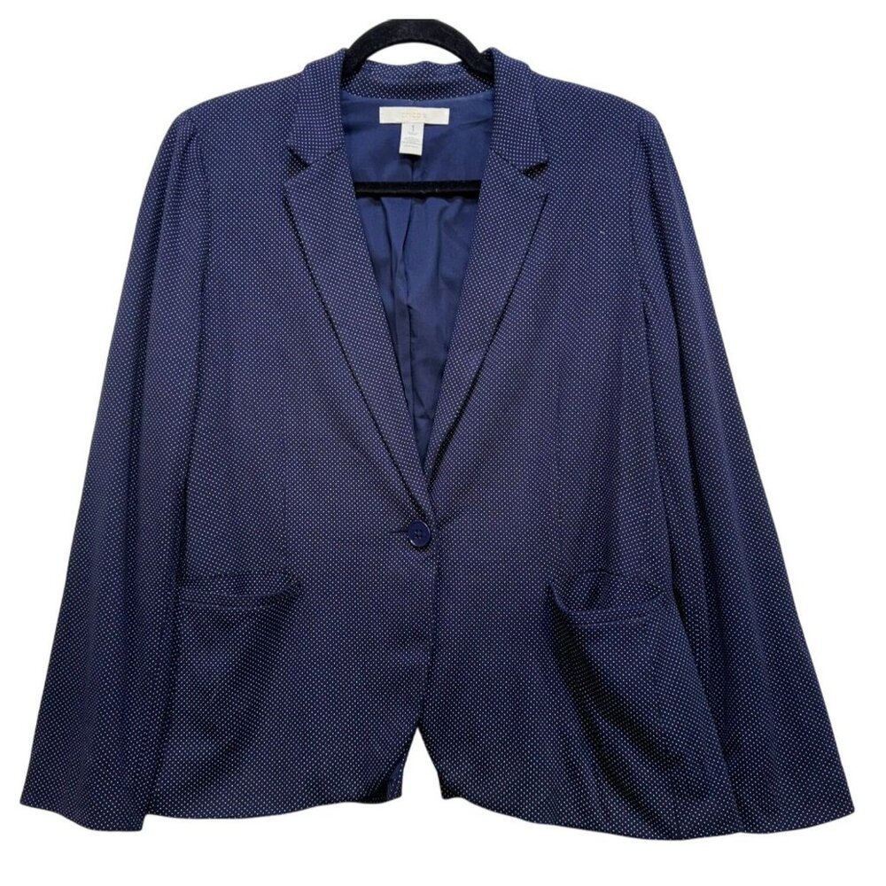 Chicos Womens Knit Polka Dot Blazer Size 1 (8/10)Navy White Blue Stretch